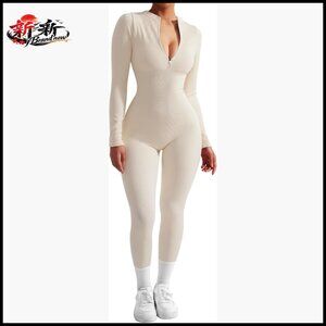 Long Sleeve Ribbed Jumpsuit with Zip Front, Bodycon Romper